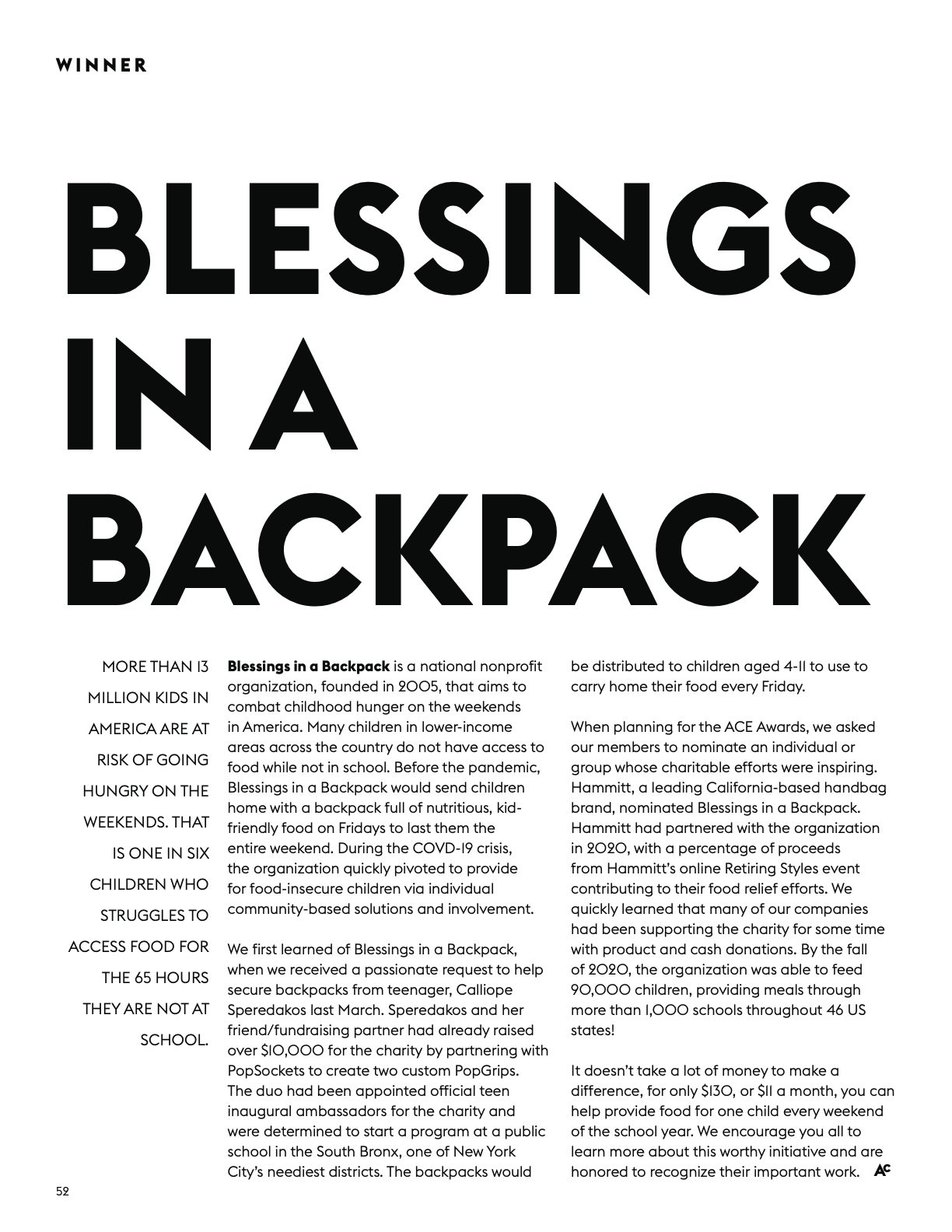 Article about Blessings by ACE Awards